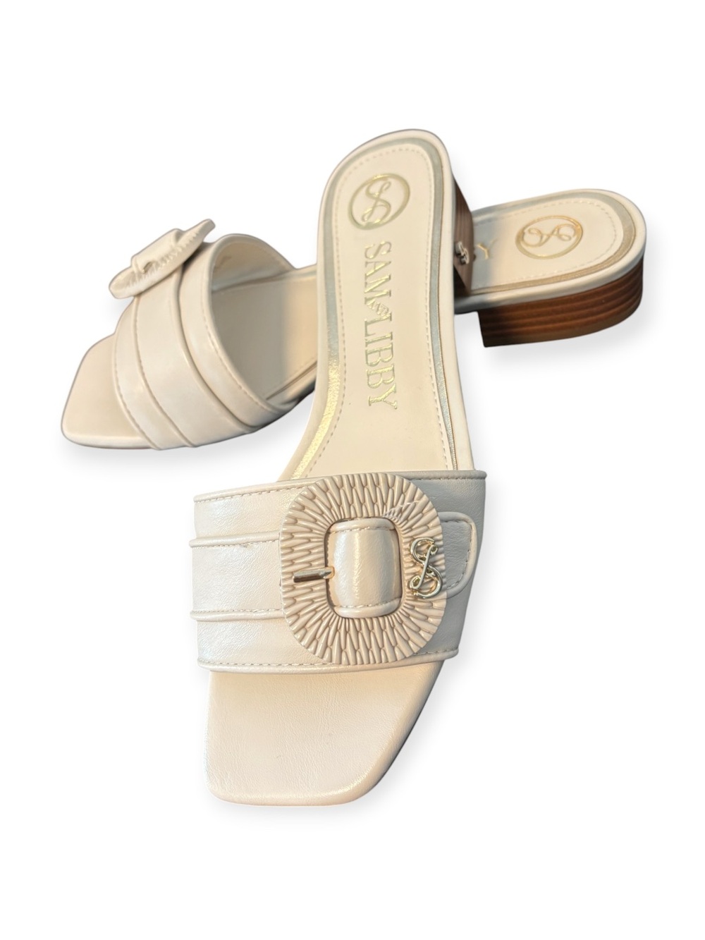 Sam Edelman Ivory Leather Slide Mules with Decorative Buckle